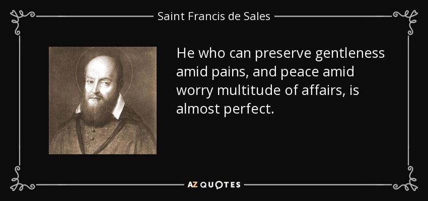 He who can preserve gentleness amid pains, and peace amid worry multitude of affairs, is almost perfect. - Saint Francis de Sales