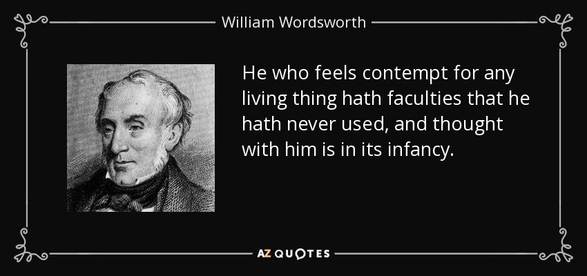 He who feels contempt for any living thing hath faculties that he hath never used, and thought with him is in its infancy. - William Wordsworth