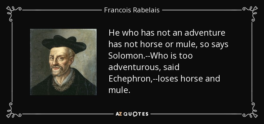He who has not an adventure has not horse or mule, so says Solomon.--Who is too adventurous, said Echephron,--loses horse and mule. - Francois Rabelais