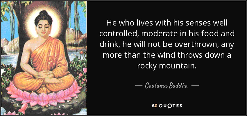 He who lives with his senses well controlled, moderate in his food and drink, he will not be overthrown, any more than the wind throws down a rocky mountain. - Gautama Buddha
