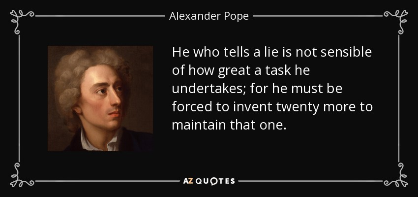 He who tells a lie is not sensible of how great a task he undertakes; for he must be forced to invent twenty more to maintain that one. - Alexander Pope