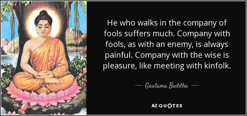 He who walks in the company of fools suffers much. Company with fools, as with an enemy, is always painful. Company with the wise is pleasure, like meeting with kinfolk. - Gautama Buddha