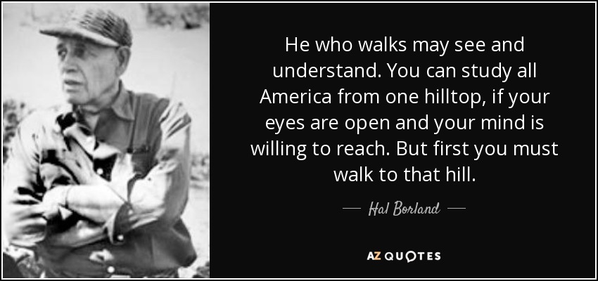 He who walks may see and understand. You can study all America from one hilltop, if your eyes are open and your mind is willing to reach. But first you must walk to that hill. - Hal Borland
