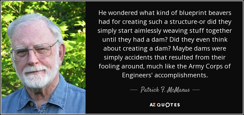 He wondered what kind of blueprint beavers had for creating such a structure-or did they simply start aimlessly weaving stuff together until they had a dam? Did they even think about creating a dam? Maybe dams were simply accidents that resulted from their fooling around, much like the Army Corps of Engineers' accomplishments. - Patrick F. McManus