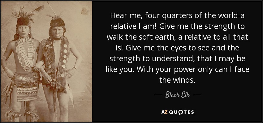 Hear me, four quarters of the world-a relative I am! Give me the strength to walk the soft earth, a relative to all that is! Give me the eyes to see and the strength to understand, that I may be like you. With your power only can I face the winds. - Black Elk