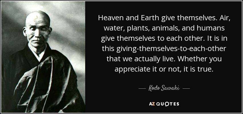 Heaven and Earth give themselves. Air, water, plants, animals, and humans give themselves to each other. It is in this giving-themselves-to-each-other that we actually live. Whether you appreciate it or not, it is true. - Kodo Sawaki