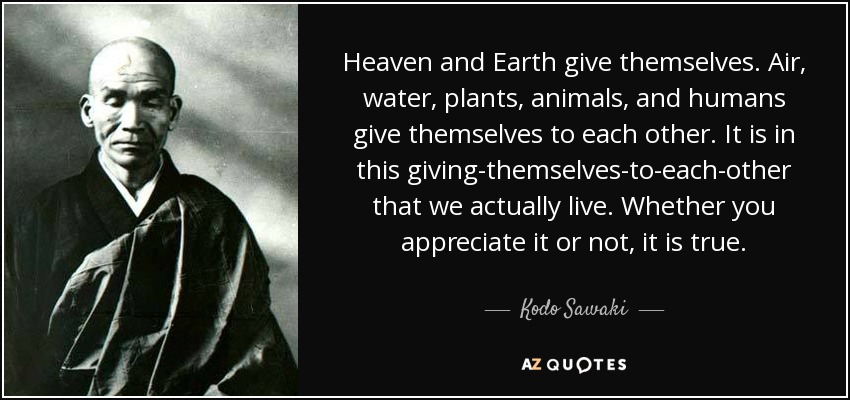 Heaven and Earth give themselves. Air, water, plants, animals, and humans give themselves to each other. It is in this giving-themselves-to-each-other that we actually live. Whether you appreciate it or not, it is true. - Kodo Sawaki