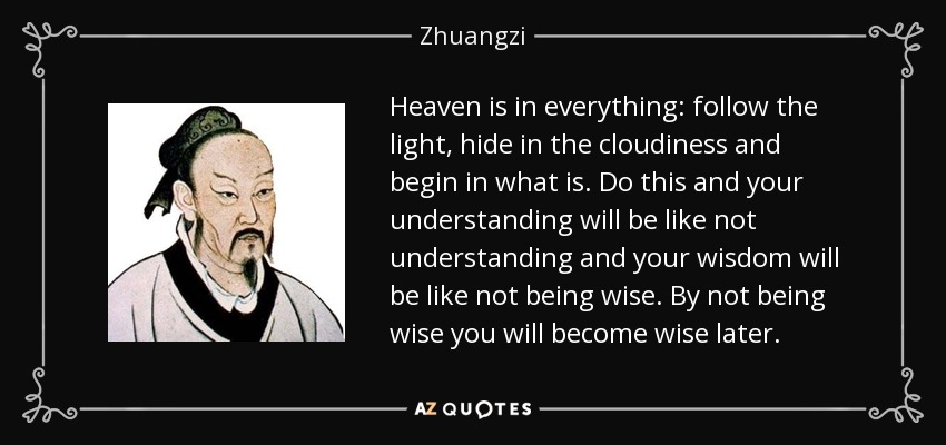 Heaven is in everything: follow the light, hide in the cloudiness and begin in what is. Do this and your understanding will be like not understanding and your wisdom will be like not being wise. By not being wise you will become wise later. - Zhuangzi