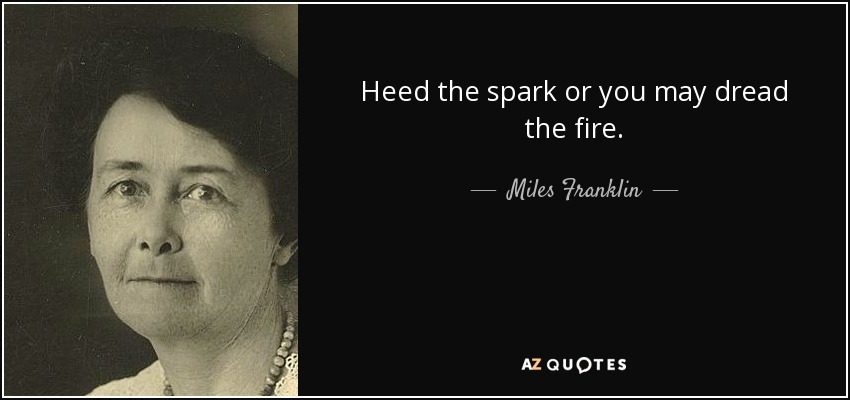 Heed the spark or you may dread the fire. - Miles Franklin
