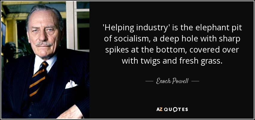 'Helping industry' is the elephant pit of socialism, a deep hole with sharp spikes at the bottom, covered over with twigs and fresh grass. - Enoch Powell