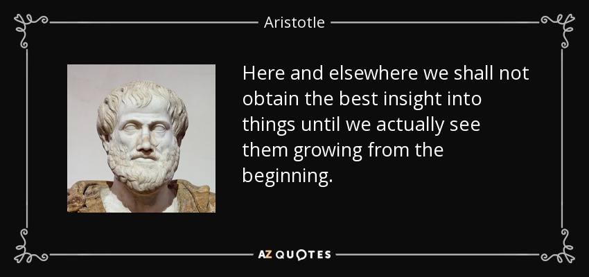 Here and elsewhere we shall not obtain the best insight into things until we actually see them growing from the beginning. - Aristotle