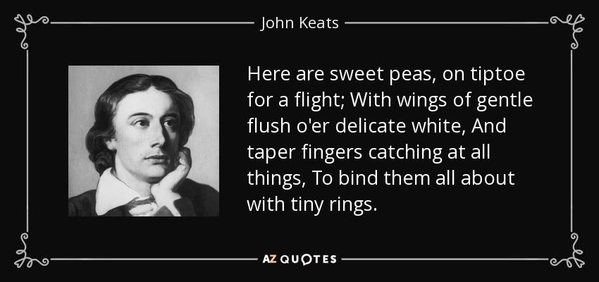 Here are sweet peas, on tiptoe for a flight; With wings of gentle flush o'er delicate white, And taper fingers catching at all things, To bind them all about with tiny rings. - John Keats