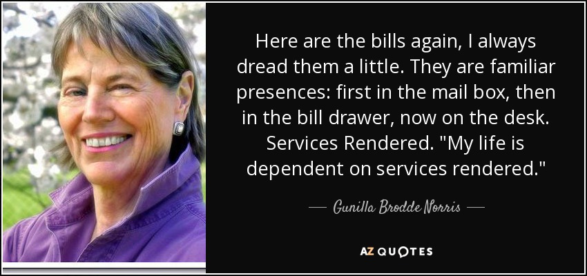 Here are the bills again, I always dread them a little. They are familiar presences: first in the mail box, then in the bill drawer, now on the desk. Services Rendered. 