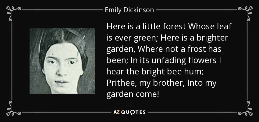 Here is a little forest Whose leaf is ever green; Here is a brighter garden, Where not a frost has been; In its unfading flowers I hear the bright bee hum; Prithee, my brother, Into my garden come! - Emily Dickinson