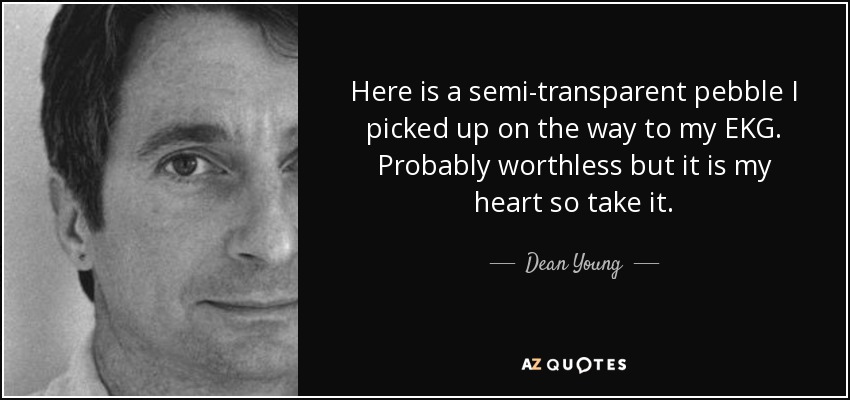 Here is a semi-transparent pebble I picked up on the way to my EKG. Probably worthless but it is my heart so take it. - Dean Young