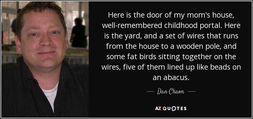 Here is the door of my mom's house, well-remembered childhood portal. Here is the yard, and a set of wires that runs from the house to a wooden pole, and some fat birds sitting together on the wires, five of them lined up like beads on an abacus. - Dan Chaon
