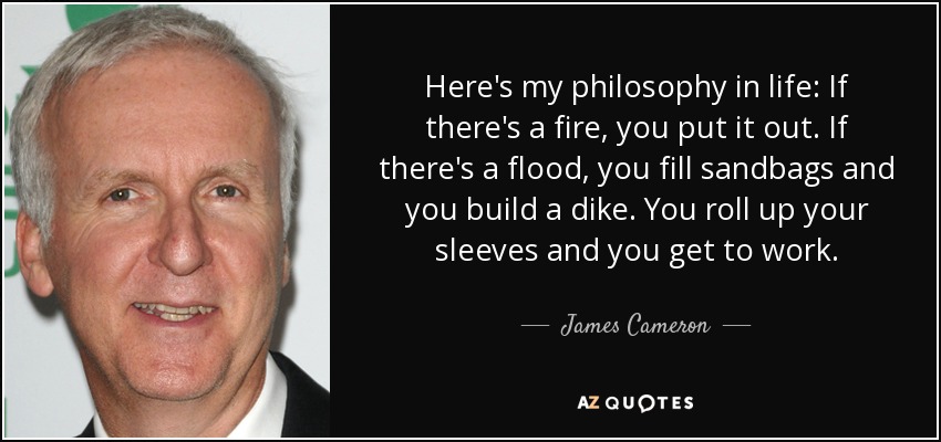 Here's my philosophy in life: If there's a fire, you put it out. If there's a flood, you fill sandbags and you build a dike. You roll up your sleeves and you get to work. - James Cameron