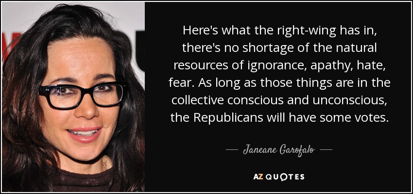 Here's what the right-wing has in, there's no shortage of the natural resources of ignorance, apathy, hate, fear. As long as those things are in the collective conscious and unconscious, the Republicans will have some votes. - Janeane Garofalo
