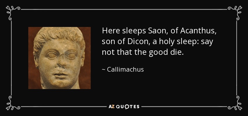 Here sleeps Saon, of Acanthus, son of Dicon, a holy sleep: say not that the good die. - Callimachus