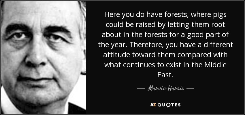 Here you do have forests, where pigs could be raised by letting them root about in the forests for a good part of the year. Therefore, you have a different attitude toward them compared with what continues to exist in the Middle East. - Marvin Harris