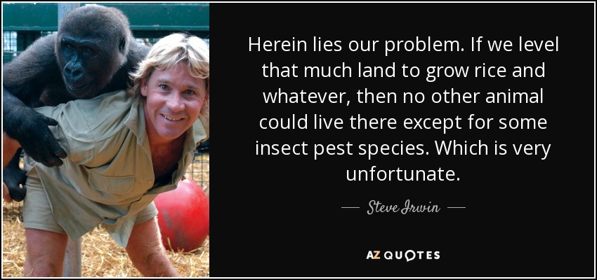 Herein lies our problem. If we level that much land to grow rice and whatever, then no other animal could live there except for some insect pest species. Which is very unfortunate. - Steve Irwin
