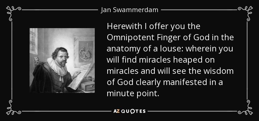Herewith I offer you the Omnipotent Finger of God in the anatomy of a louse: wherein you will find miracles heaped on miracles and will see the wisdom of God clearly manifested in a minute point. - Jan Swammerdam