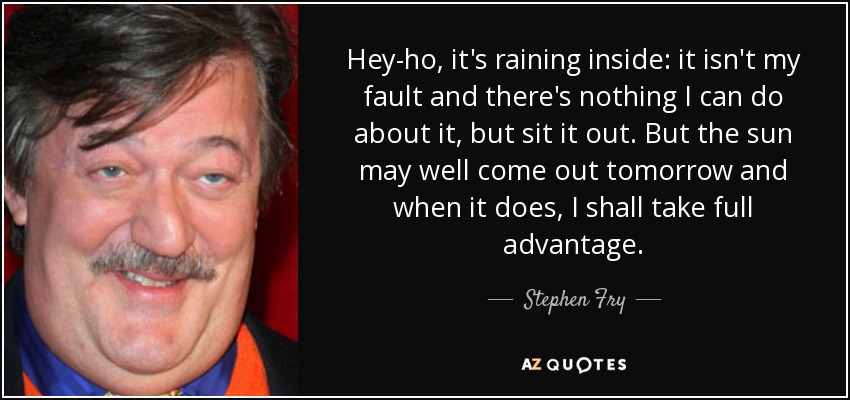Hey-ho, it's raining inside: it isn't my fault and there's nothing I can do about it, but sit it out. But the sun may well come out tomorrow and when it does, I shall take full advantage. - Stephen Fry