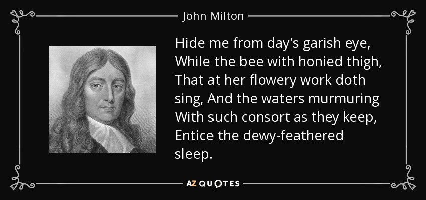 Hide me from day's garish eye, While the bee with honied thigh, That at her flowery work doth sing, And the waters murmuring With such consort as they keep, Entice the dewy-feathered sleep. - John Milton