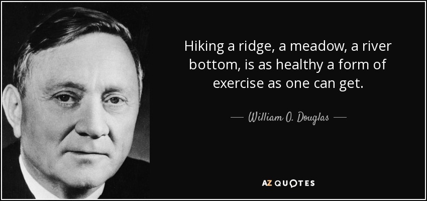 Hiking a ridge, a meadow, a river bottom, is as healthy a form of exercise as one can get. - William O. Douglas