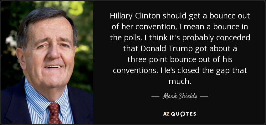 Hillary Clinton should get a bounce out of her convention, I mean a bounce in the polls. I think it's probably conceded that Donald Trump got about a three-point bounce out of his conventions. He's closed the gap that much. - Mark Shields