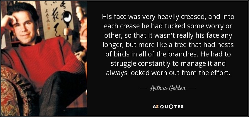 His face was very heavily creased, and into each crease he had tucked some worry or other, so that it wasn't really his face any longer, but more like a tree that had nests of birds in all of the branches. He had to struggle constantly to manage it and always looked worn out from the effort. - Arthur Golden