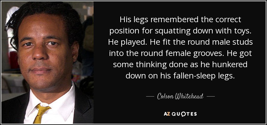 His legs remembered the correct position for squatting down with toys. He played. He fit the round male studs into the round female grooves. He got some thinking done as he hunkered down on his fallen-sleep legs. - Colson Whitehead