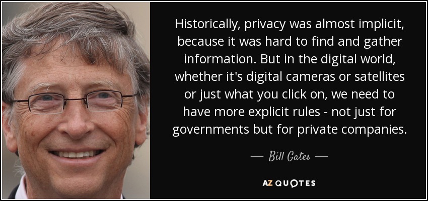 Historically, privacy was almost implicit, because it was hard to find and gather information. But in the digital world, whether it's digital cameras or satellites or just what you click on, we need to have more explicit rules - not just for governments but for private companies. - Bill Gates
