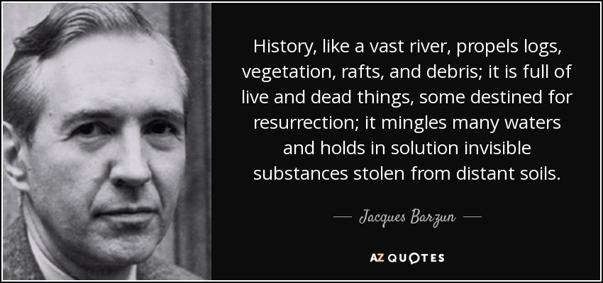 History, like a vast river, propels logs, vegetation, rafts, and debris; it is full of live and dead things, some destined for resurrection; it mingles many waters and holds in solution invisible substances stolen from distant soils. - Jacques Barzun