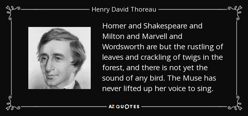 Homer and Shakespeare and Milton and Marvell and Wordsworth are but the rustling of leaves and crackling of twigs in the forest, and there is not yet the sound of any bird. The Muse has never lifted up her voice to sing. - Henry David Thoreau