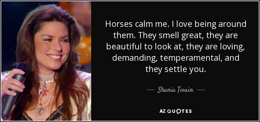 Horses calm me. I love being around them. They smell great, they are beautiful to look at, they are loving, demanding, temperamental, and they settle you. - Shania Twain
