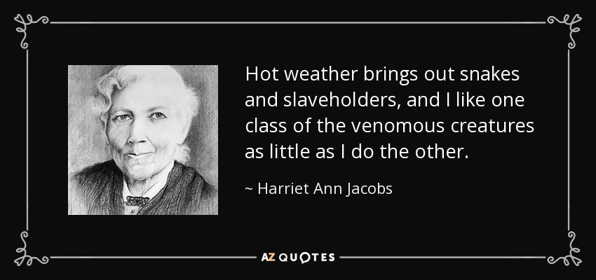 Hot weather brings out snakes and slaveholders, and I like one class of the venomous creatures as little as I do the other. - Harriet Ann Jacobs
