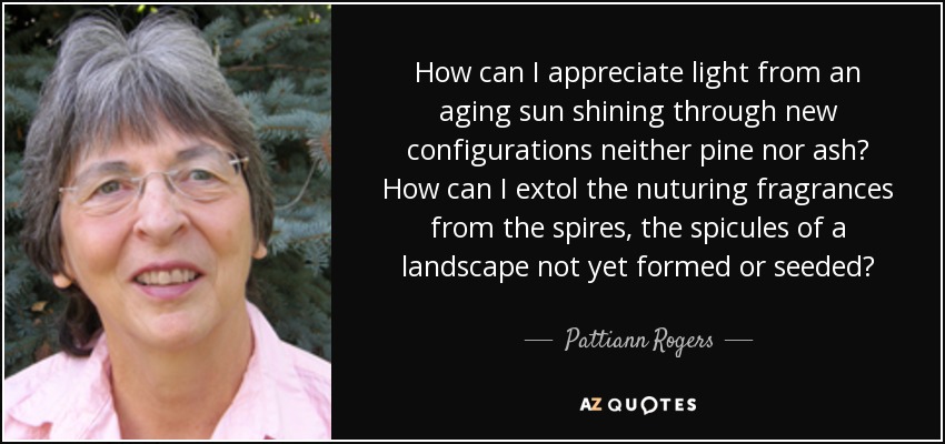 How can I appreciate light from an aging sun shining through new configurations neither pine nor ash? How can I extol the nuturing fragrances from the spires, the spicules of a landscape not yet formed or seeded? - Pattiann Rogers