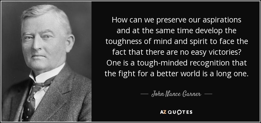 How can we preserve our aspirations and at the same time develop the toughness of mind and spirit to face the fact that there are no easy victories? One is a tough-minded recognition that the fight for a better world is a long one. - John Nance Garner