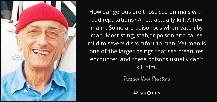 How dangerous are those sea animals with bad reputations? A few actually kill. A few maim. Some are poisonous when eaten by man. Most sting, stab,or poison and cause mild to severe discomfort to man. Yet man is one of the larger beings that sea creatures encounter, and these poisons usually can't kill him. - Jacques Yves Cousteau