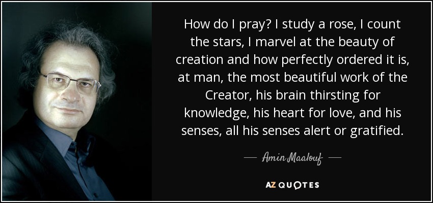 How do I pray? I study a rose, I count the stars, I marvel at the beauty of creation and how perfectly ordered it is, at man, the most beautiful work of the Creator, his brain thirsting for knowledge, his heart for love, and his senses, all his senses alert or gratified. - Amin Maalouf