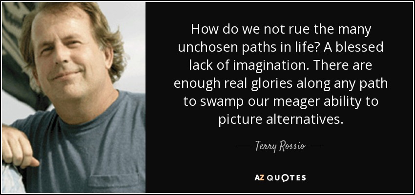 How do we not rue the many unchosen paths in life? A blessed lack of imagination. There are enough real glories along any path to swamp our meager ability to picture alternatives. - Terry Rossio