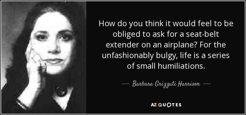 How do you think it would feel to be obliged to ask for a seat-belt extender on an airplane? For the unfashionably bulgy, life is a series of small humiliations. - Barbara Grizzuti Harrison