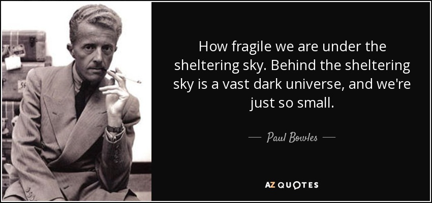 How fragile we are under the sheltering sky. Behind the sheltering sky is a vast dark universe, and we're just so small. - Paul Bowles