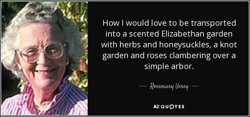 How I would love to be transported into a scented Elizabethan garden with herbs and honeysuckles, a knot garden and roses clambering over a simple arbor. - Rosemary Verey