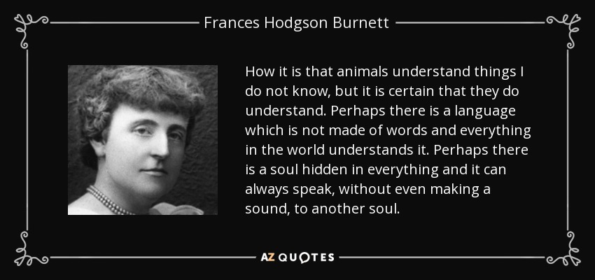 How it is that animals understand things I do not know, but it is certain that they do understand. Perhaps there is a language which is not made of words and everything in the world understands it. Perhaps there is a soul hidden in everything and it can always speak, without even making a sound, to another soul. - Frances Hodgson Burnett