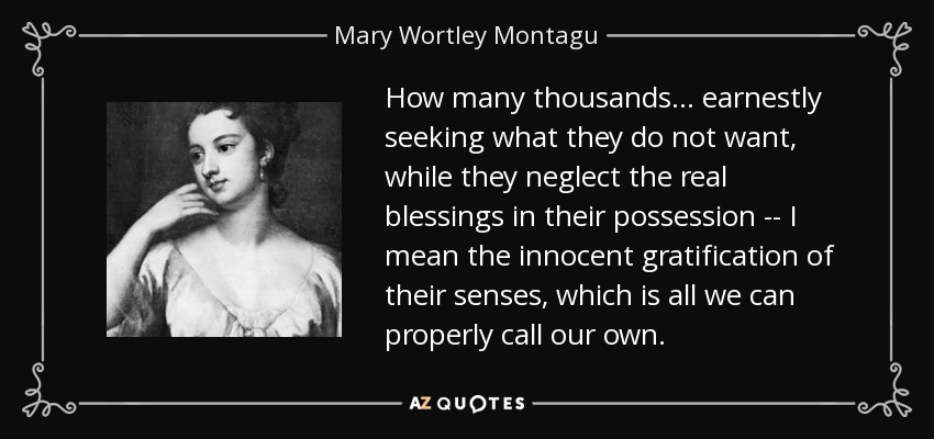 How many thousands ... earnestly seeking what they do not want, while they neglect the real blessings in their possession -- I mean the innocent gratification of their senses, which is all we can properly call our own. - Mary Wortley Montagu
