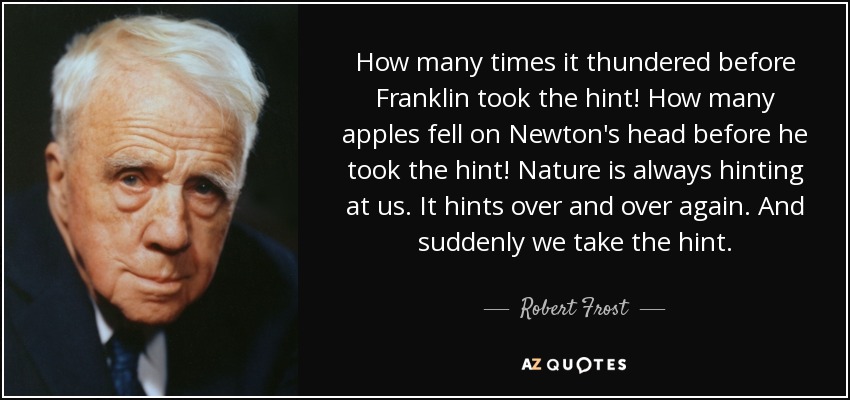 How many times it thundered before Franklin took the hint! How many apples fell on Newton's head before he took the hint! Nature is always hinting at us. It hints over and over again. And suddenly we take the hint. - Robert Frost
