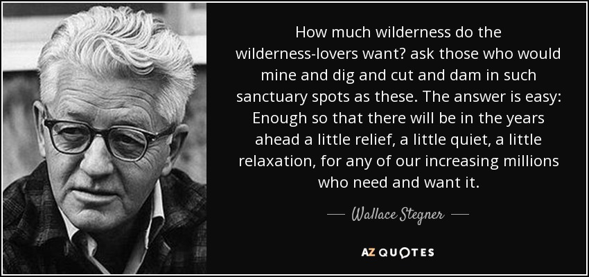 How much wilderness do the wilderness-lovers want? ask those who would mine and dig and cut and dam in such sanctuary spots as these. The answer is easy: Enough so that there will be in the years ahead a little relief, a little quiet, a little relaxation, for any of our increasing millions who need and want it. - Wallace Stegner