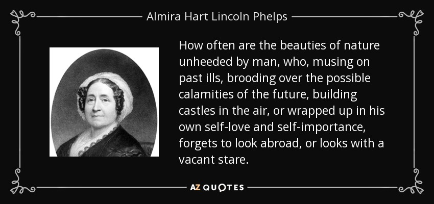 How often are the beauties of nature unheeded by man, who, musing on past ills, brooding over the possible calamities of the future, building castles in the air, or wrapped up in his own self-love and self-importance, forgets to look abroad, or looks with a vacant stare. - Almira Hart Lincoln Phelps